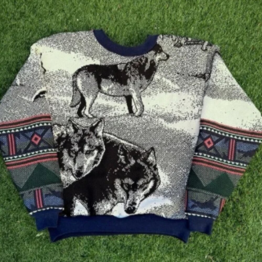 Vintage Wolf 90s Tapestry Crewneck Sweatshirt Snow Winter Nature Pullover AOP M